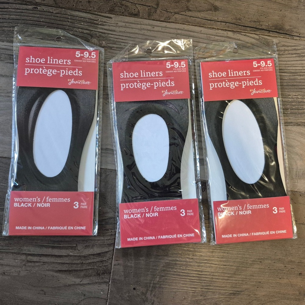3pk Juncture Womens Black Shoe Liners No Show Socks Size 5-9.5 9 Pairs Total